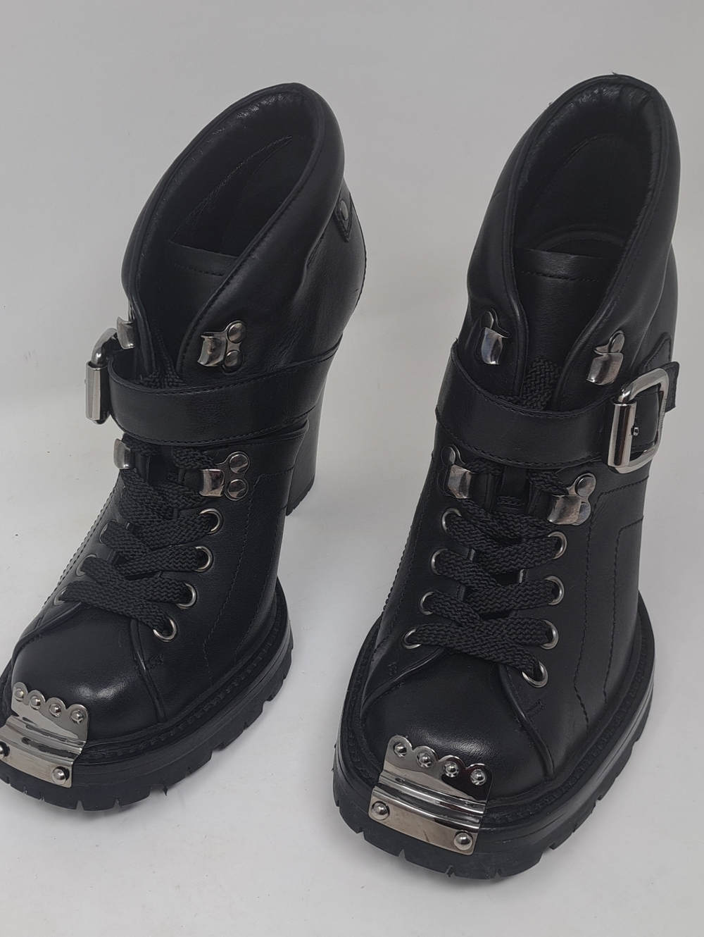 Miu Miu Ankle Combat Boots Moto Black Leather Steel Buckle Block Heels 35.5 IT - Picture 4 of 16